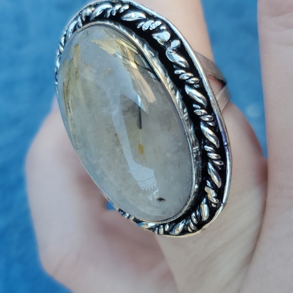 New Gold Rutilated Quartz 925 Silver Ring. - Picture 5 of 16